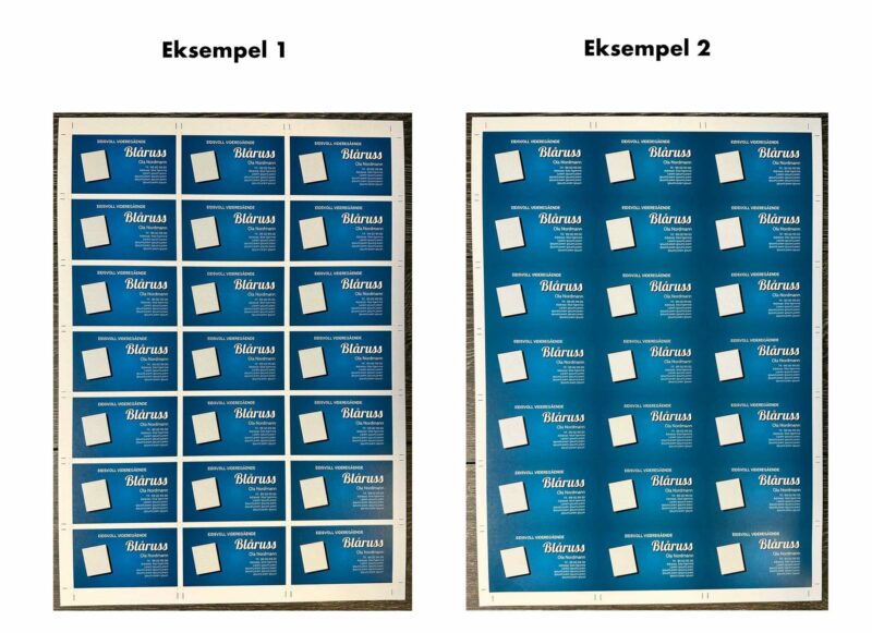 Viser ferdigtrykte ark med 21 stk russekort på arket, og forskjell med og uten utfallende
