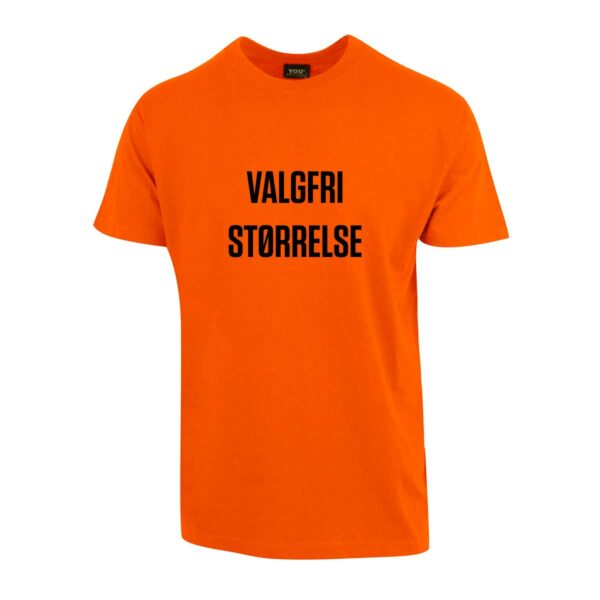 Orange t-skjorte med sort tekst på brystet: Valgfri størrelse